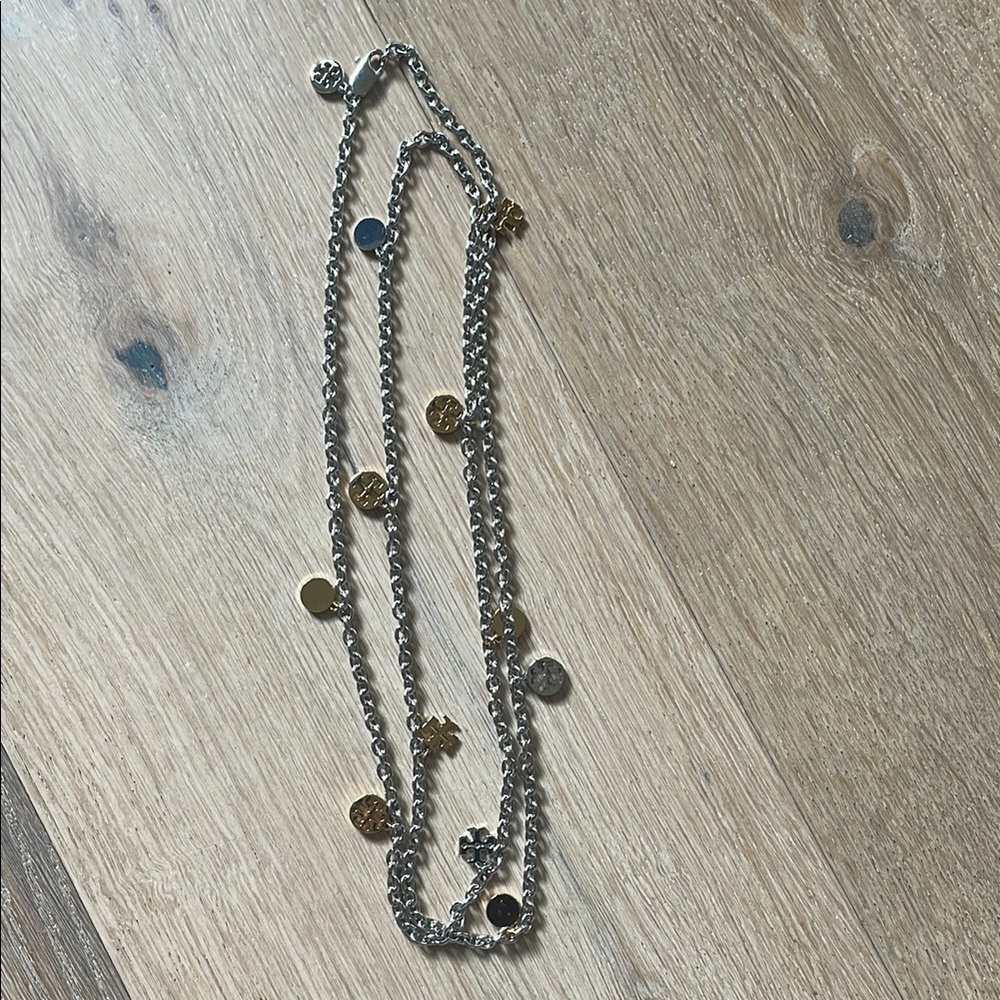 Tory Burch Elegant Silver and Gold Chain charm Necklace